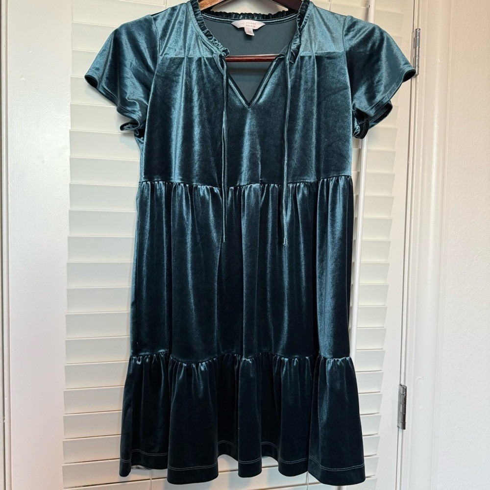 LC Lauren Conrad Velvet Tiered Mini Dress Teal Blue Short Sleeve XS